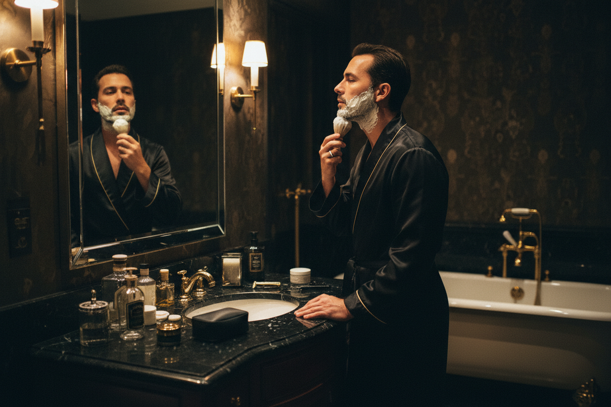 Mann bei der Nassrasur – Rasori Morgenroutine