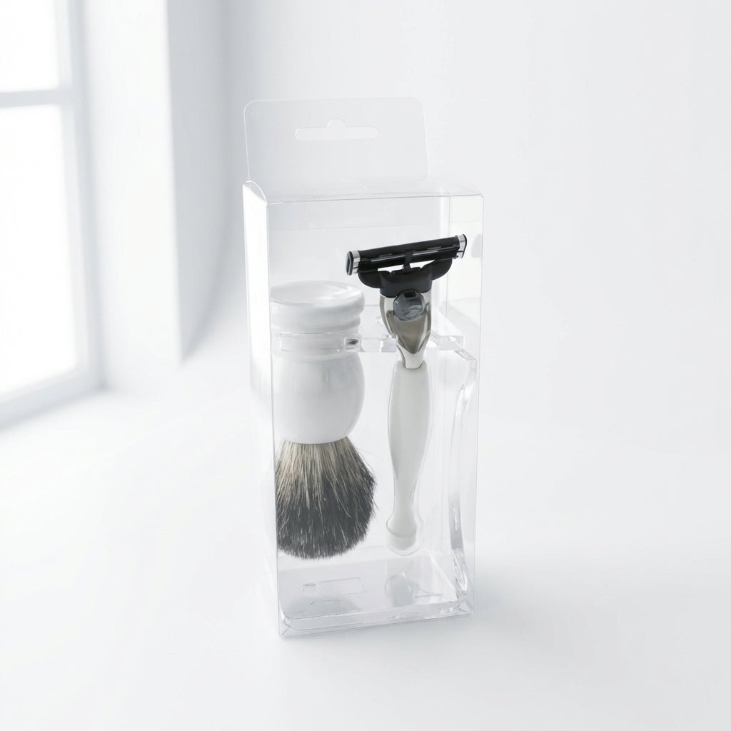 Rasier - Set, Kunstoff weiß, Rasierpinsel Rein Dachs , Rasierer Mach 3 - Rasori Razors