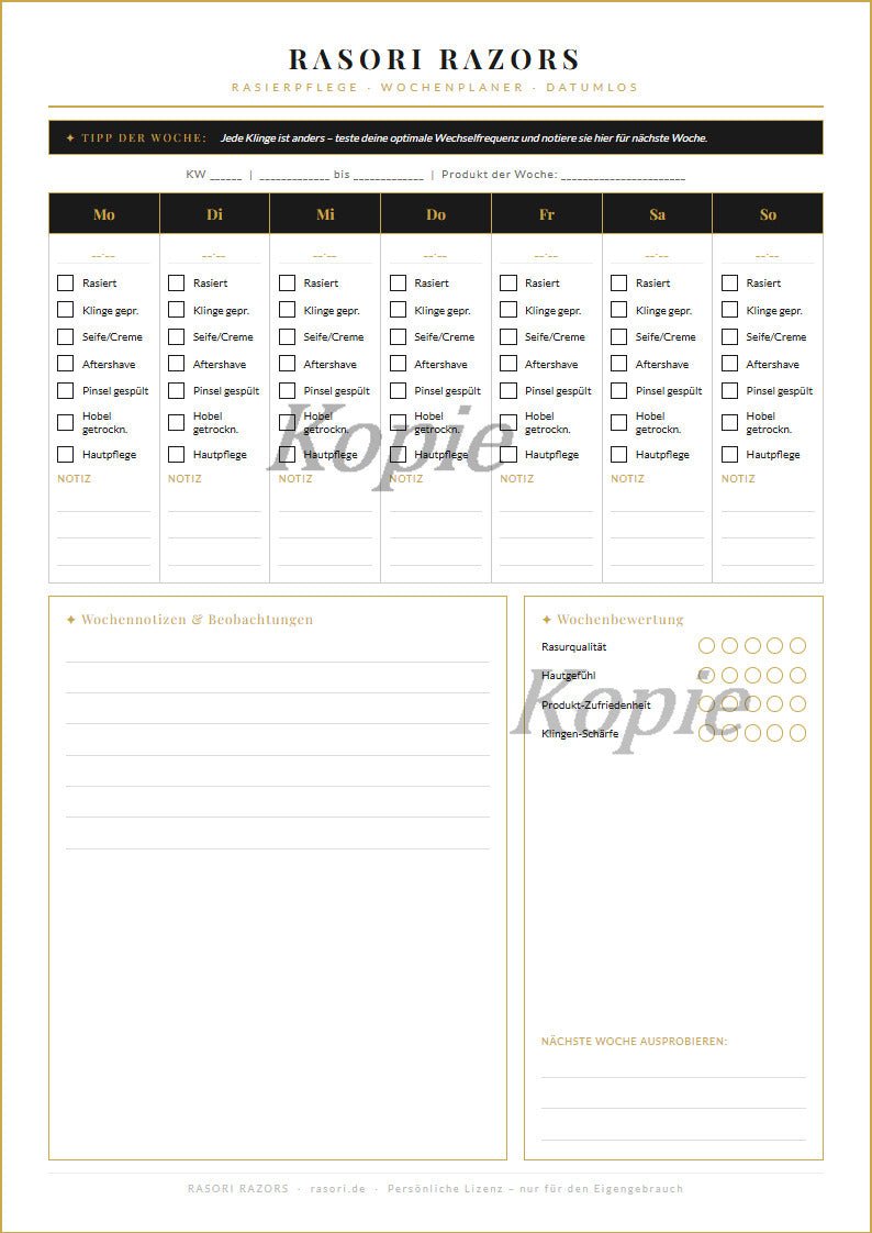 Rasori Razors – Rasierpflege - Wochenplaner | Druckbares PDF - Rasori Razors