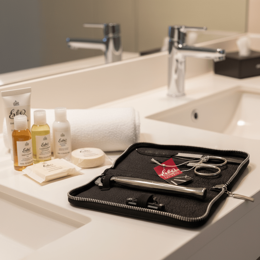 Reise - Set 4 Teilig Nubuk Leder Etui mit Gillette Mach 3 Edelstahlausführung - Rasori Razors